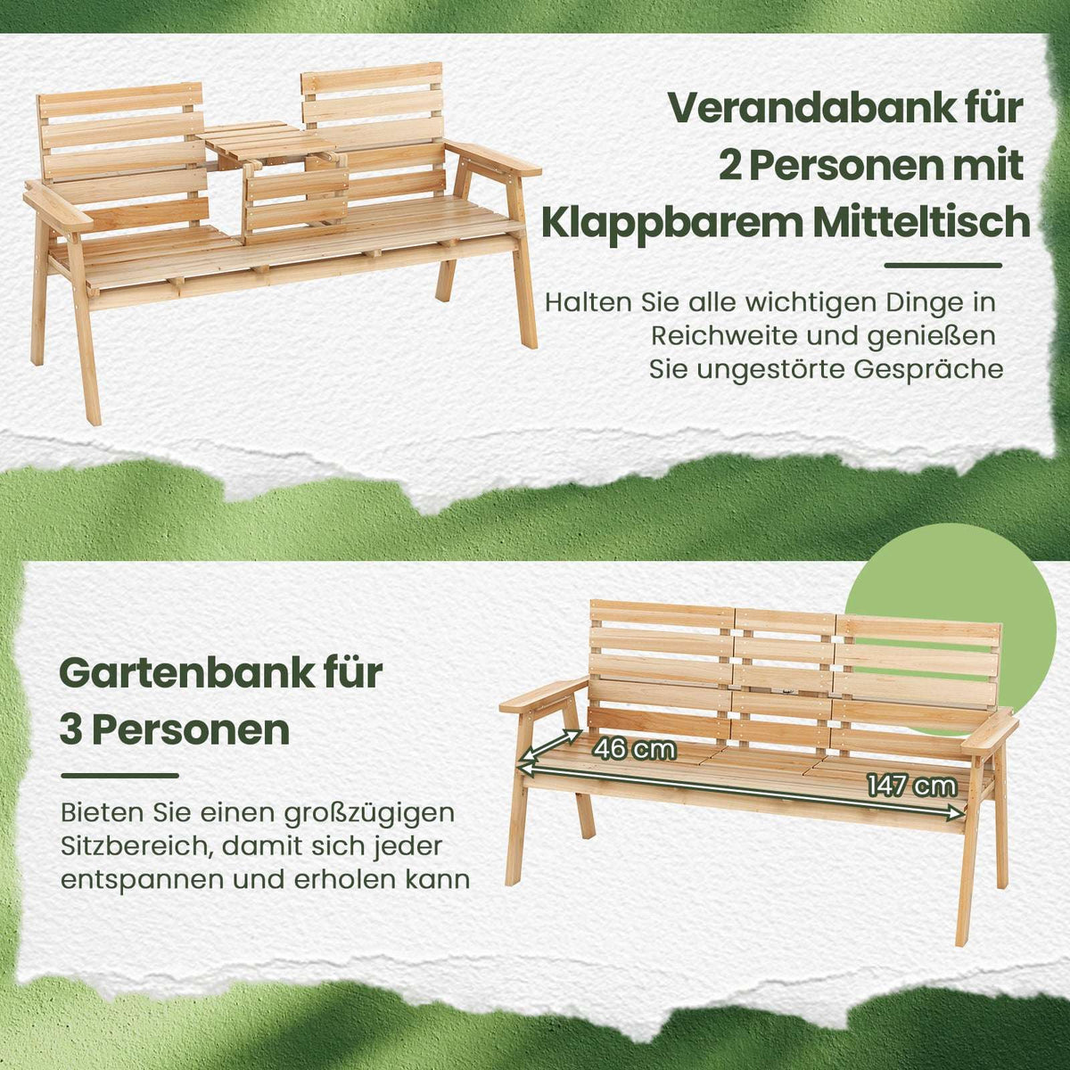 Outdoor Pine Wood Bench with Foldable Middle Table