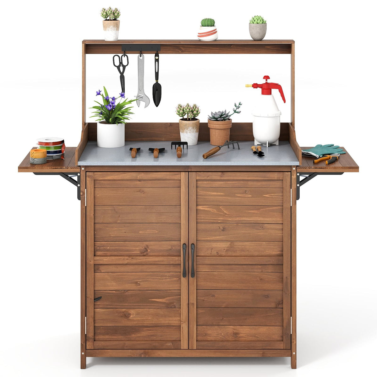 Outdoor Potting Bench with Galvanized Top, Foldable Sides