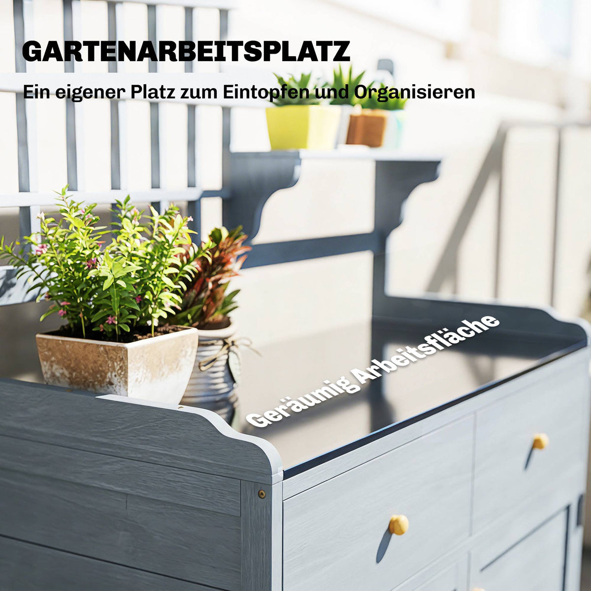Outdoor Potting Bench with Zinc Top, 2 Drawers, 104x44x140 cm