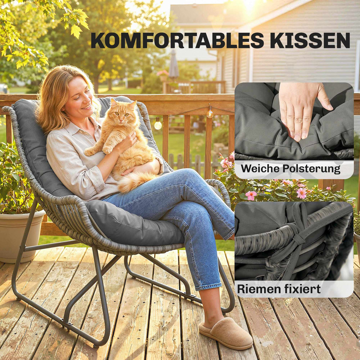 Outdoor Rattan Chair with Cushion, Steel Frame, 120kg Capacity