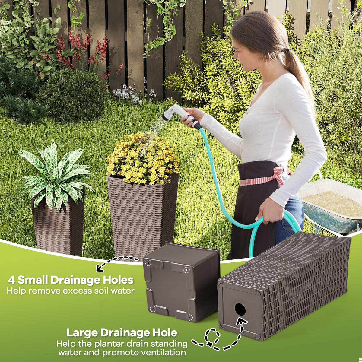 Outdoor Rattan Planter Set, 2 Sizes, Inner Pots, Drainage
