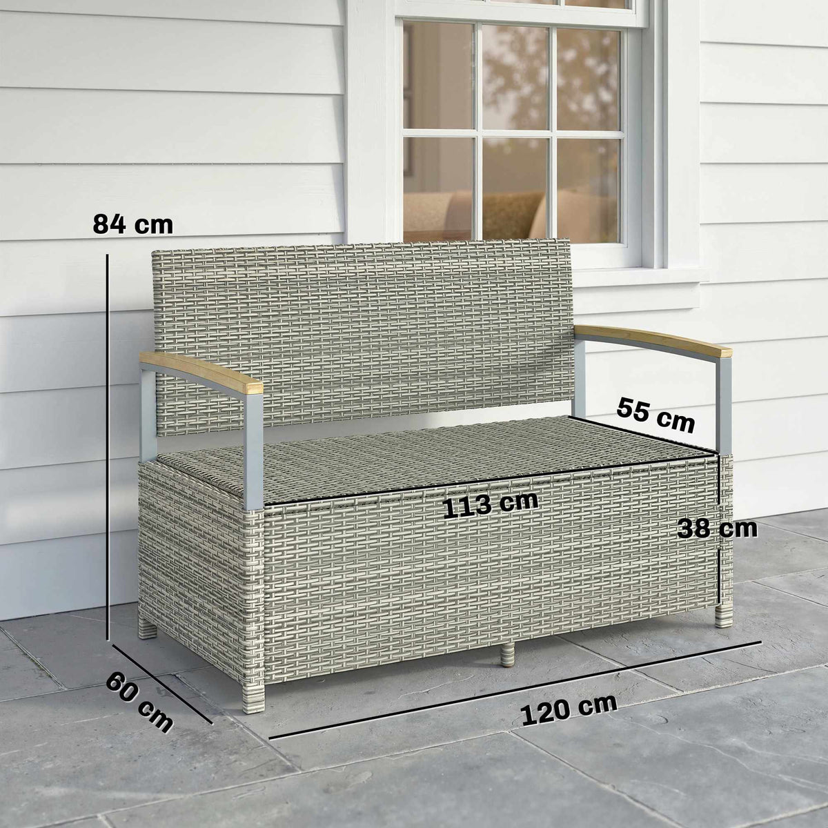 Outdoor Rattan Storage Bench, 2-Seater, 170L Capacity