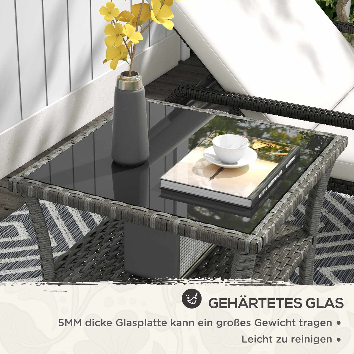 Outdoor Rattan Table, 50x50x45cm, Glass Top, Weatherproof