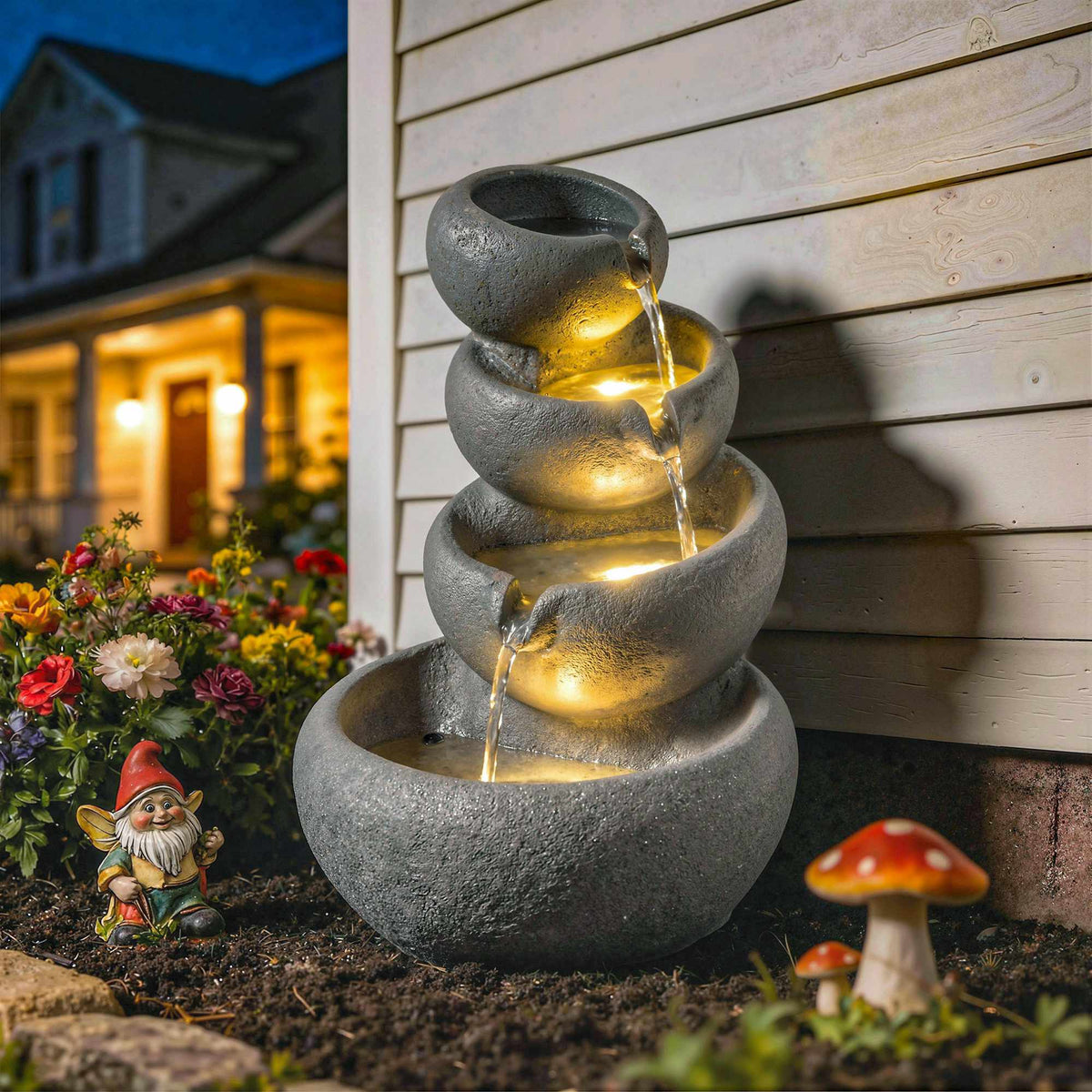 Outdoor Resin Water Fountain with LED Lights, 4-Tier
