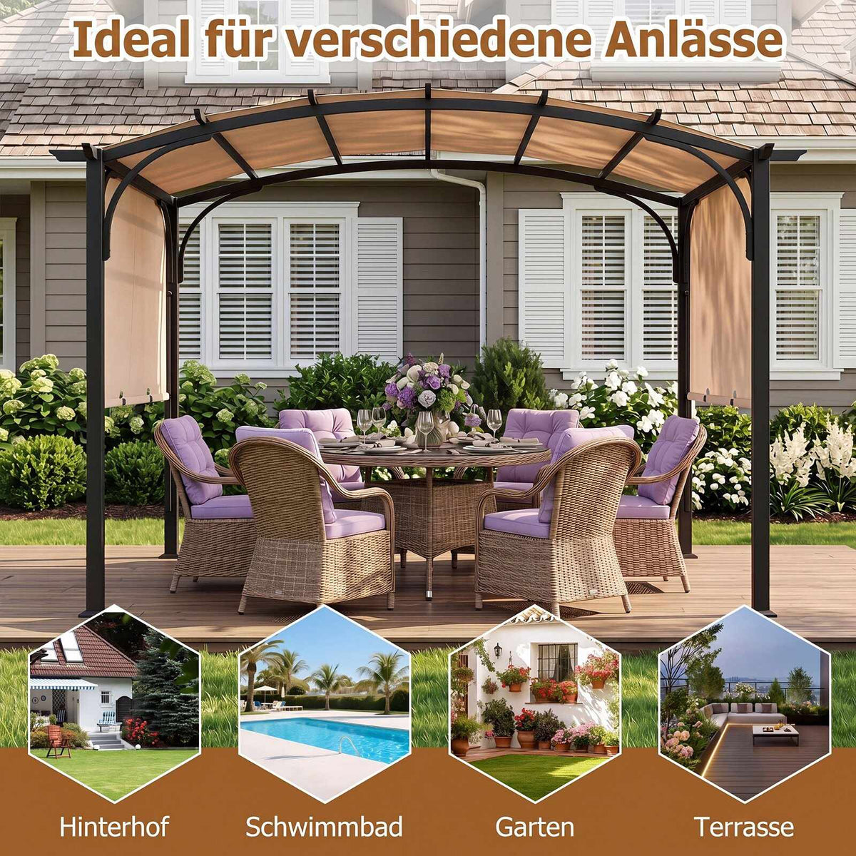 Outdoor Retractable Pergola, Metal Frame, Beige, 305x242 cm