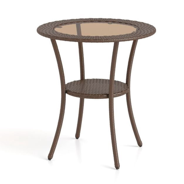 Outdoor Round Bistro Table – Tempered Glass Top, Storage Shelf