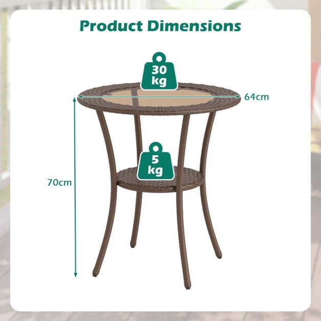 Outdoor Round Bistro Table – Tempered Glass Top, Storage Shelf