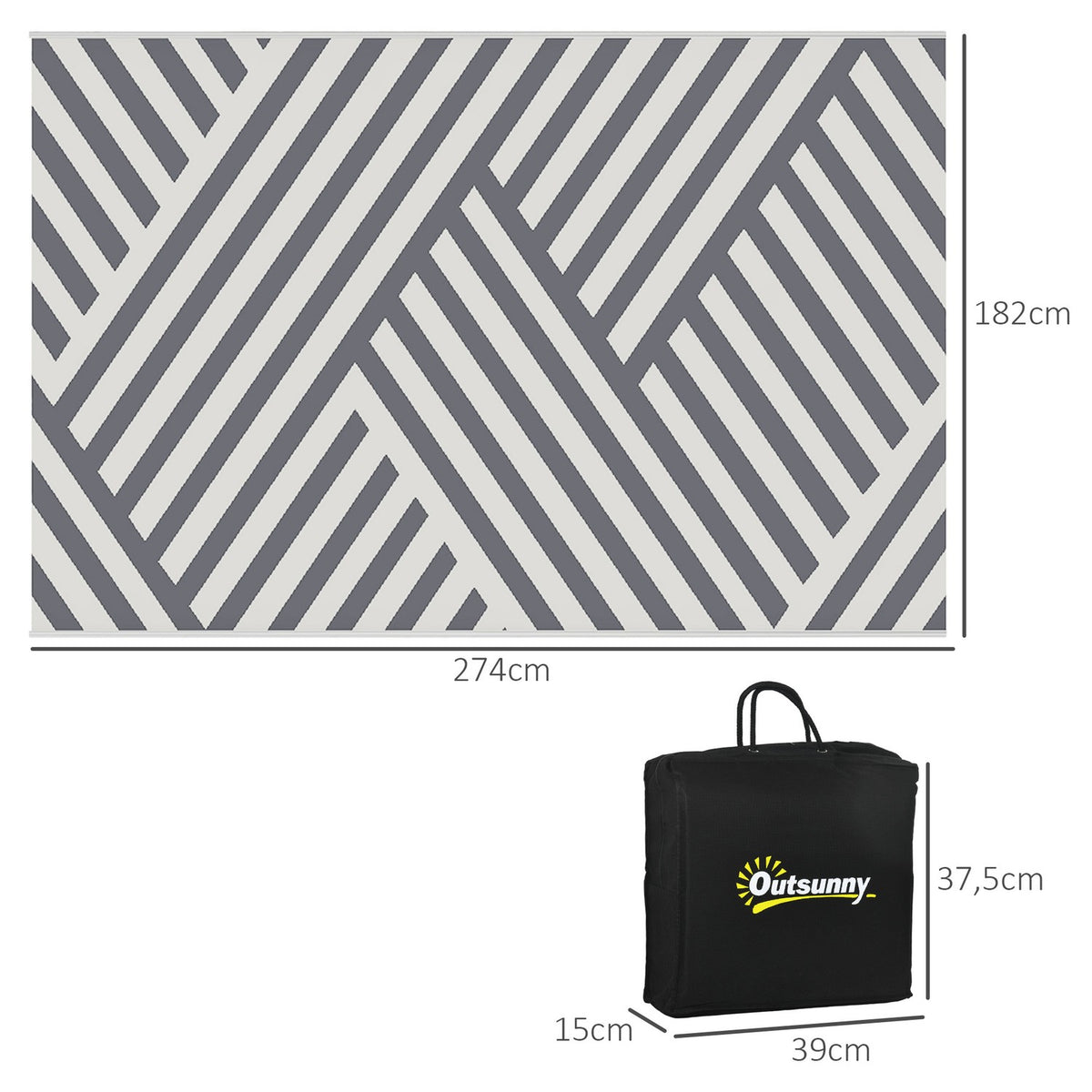 Outdoor Rug Reversible Garden Rug With Carry Bag, Ideal For Camping & Balcony, Light Gray + Cream, 182X274Cm
