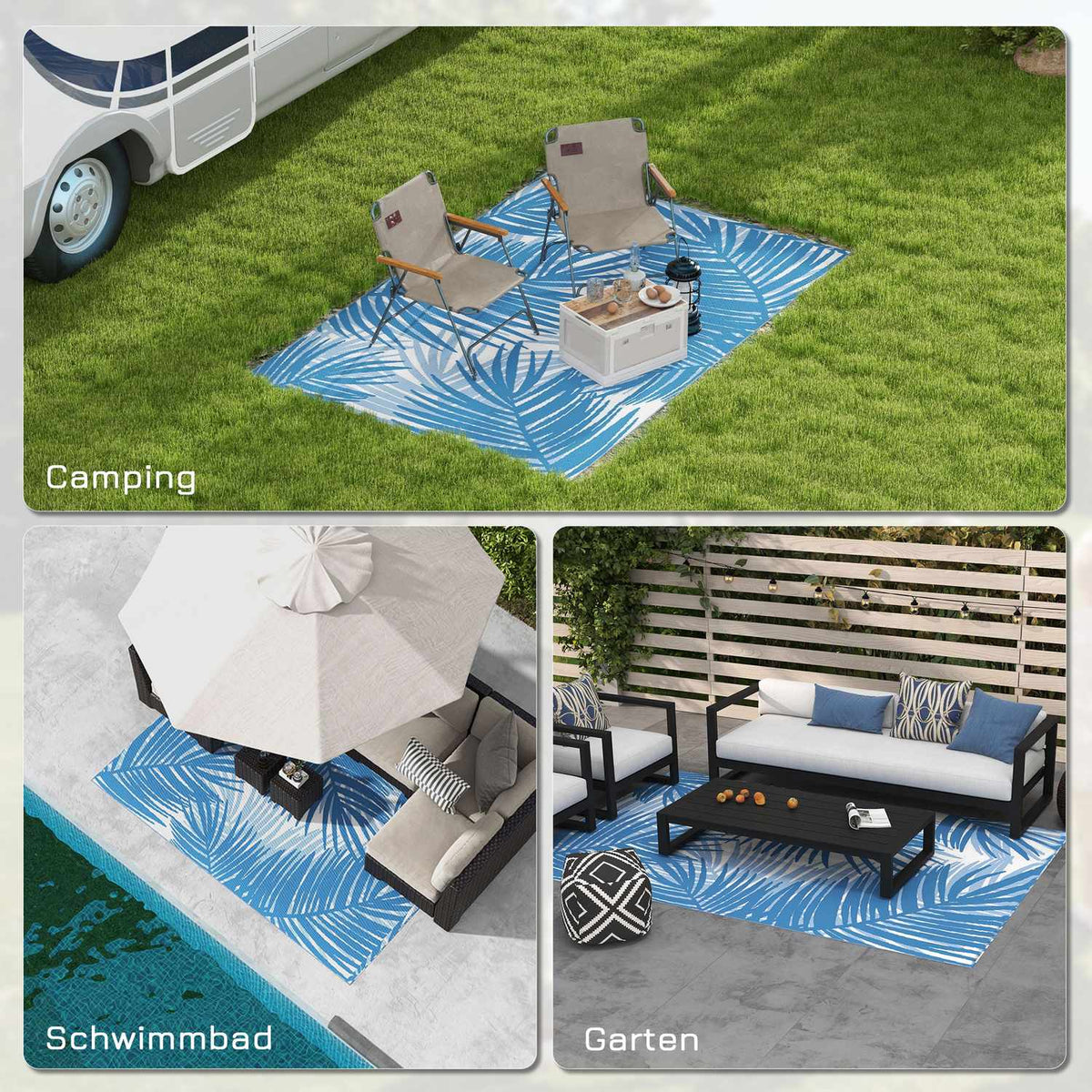 Outdoor Rug Reversible Rug With Carry Bag, 182X274Cm, Blue, Plastic, Garden Rug, Balcony Rug For Camping, Patio