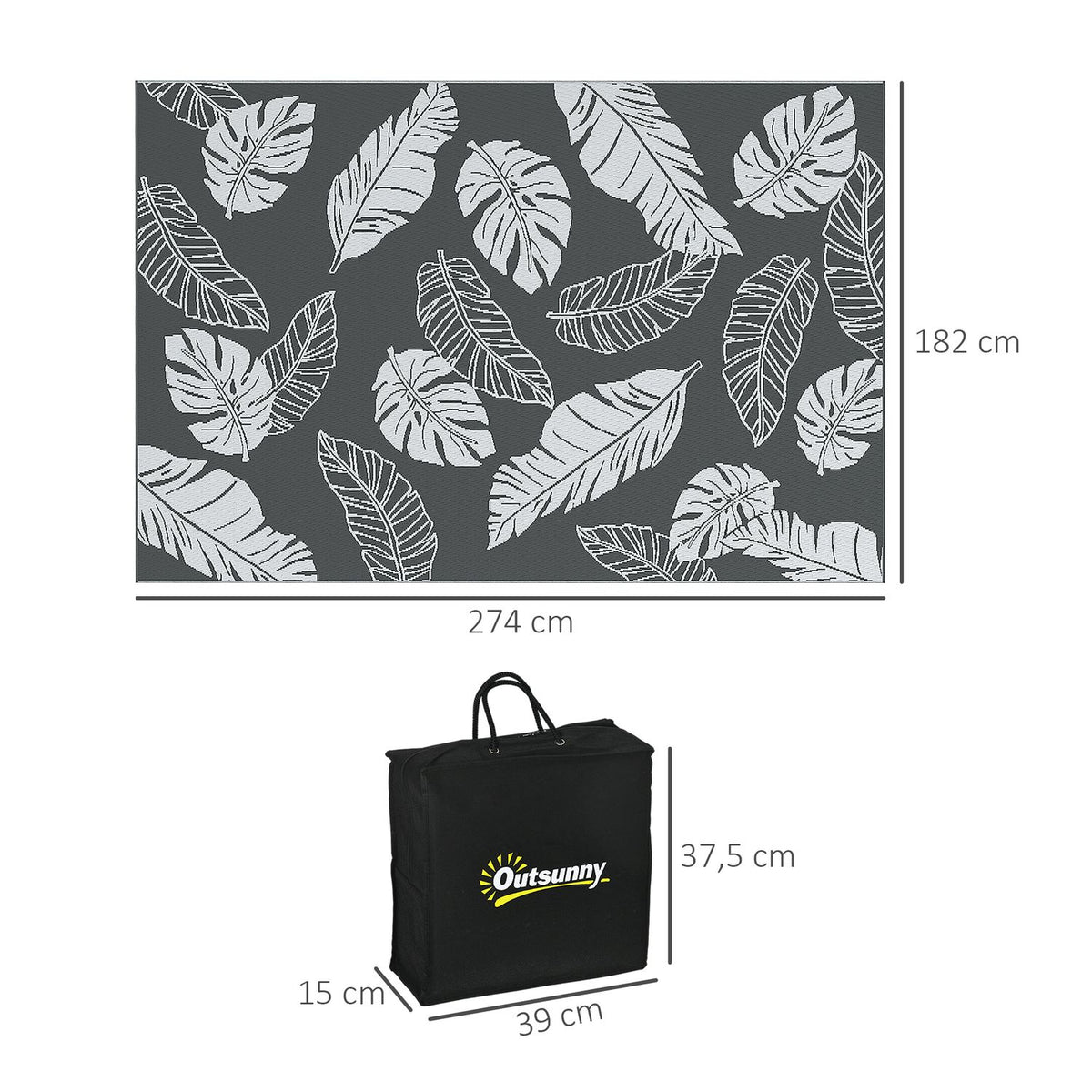 Outdoor Rug Weatherproof Plastic Carpet, Double-Sided Design For Balcony & Patio, Grey+White, 182X274Cm