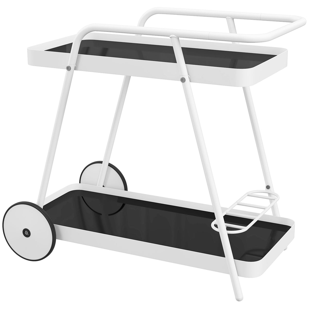 Outdoor Serving Trolley 2-Tier Trolley With Wine Rack, Steel Frame, Black+White, 86.5X51X78Cm