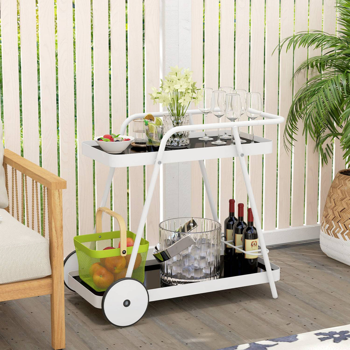 Outdoor Serving Trolley 2-Tier Trolley With Wine Rack, Steel Frame, Black+White, 86.5X51X78Cm