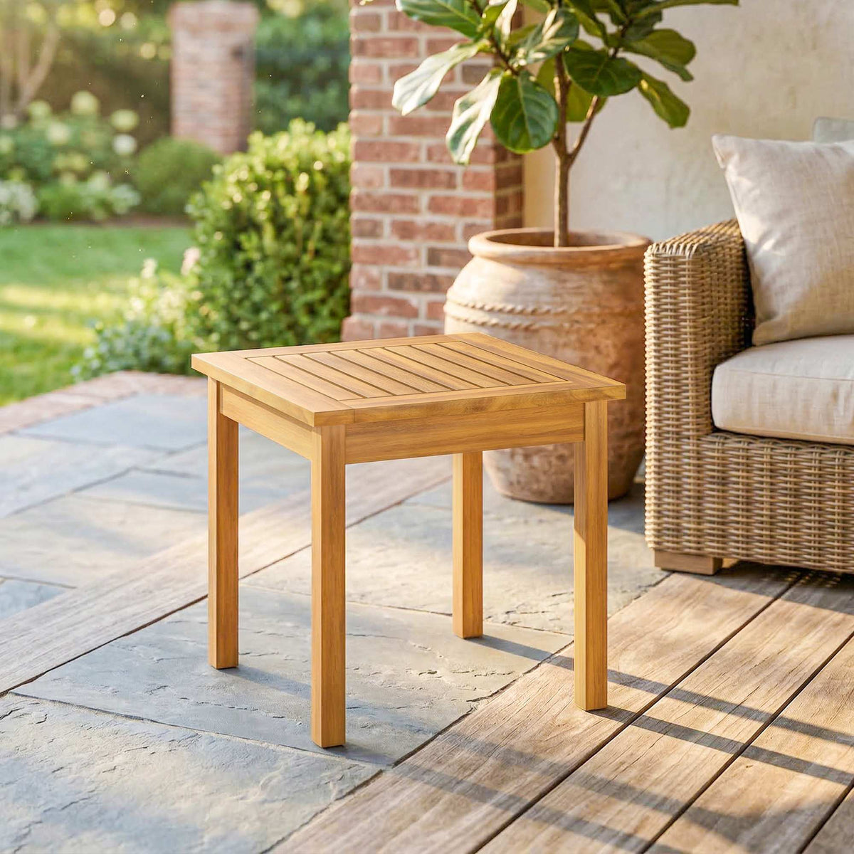 Outdoor Side Table, 48x48 cm Acacia Wood, Adjustable Feet