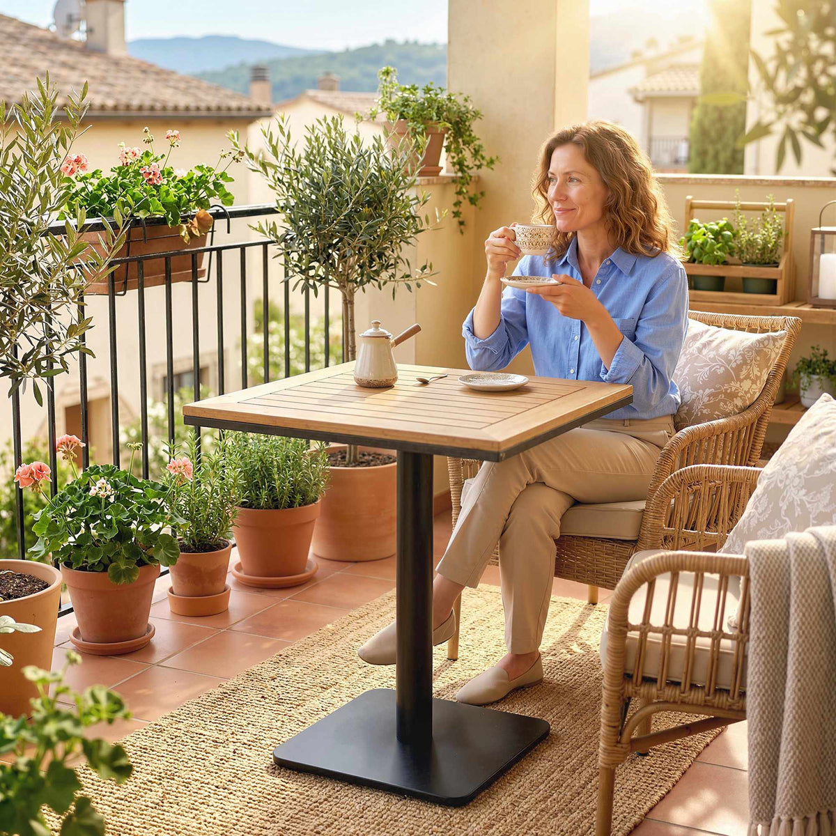 Outdoor Square Table, 70x70 cm, Weatherproof Wood-Look