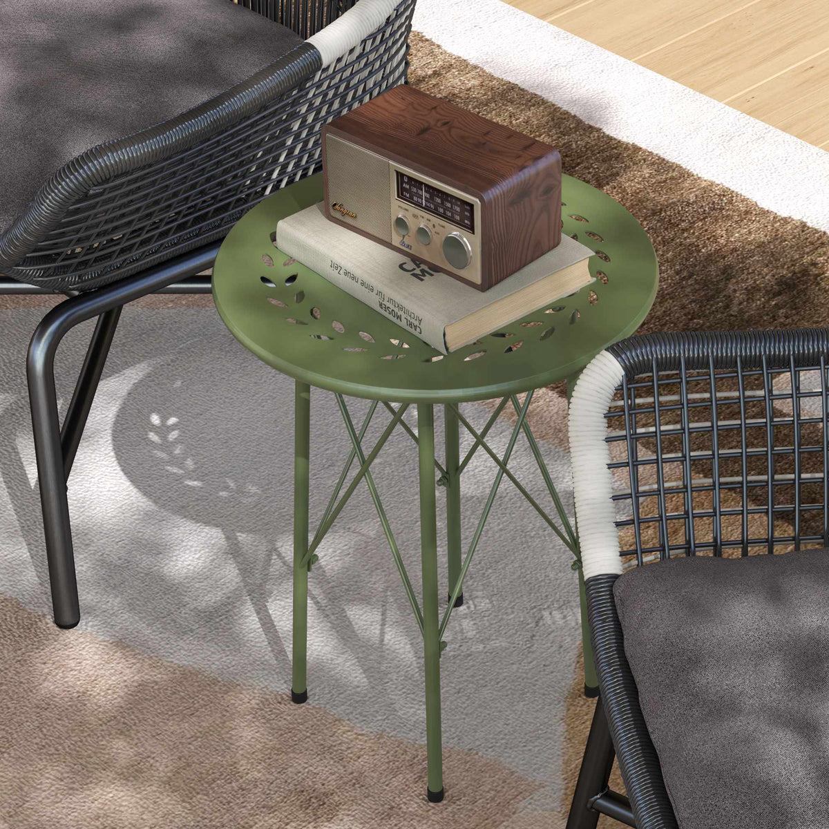 Outdoor Steel Coffee Table, Floral Design, Adjustable Pads