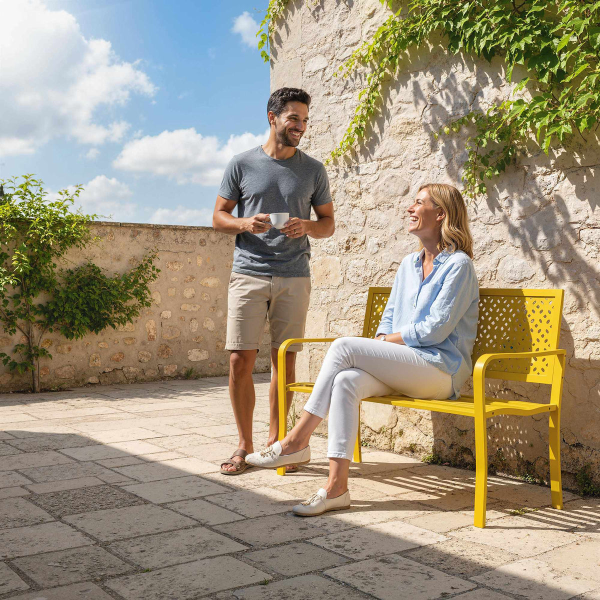 Outdoor Steel Garden Bench, Yellow, 2-Seater, Rust-Resistant