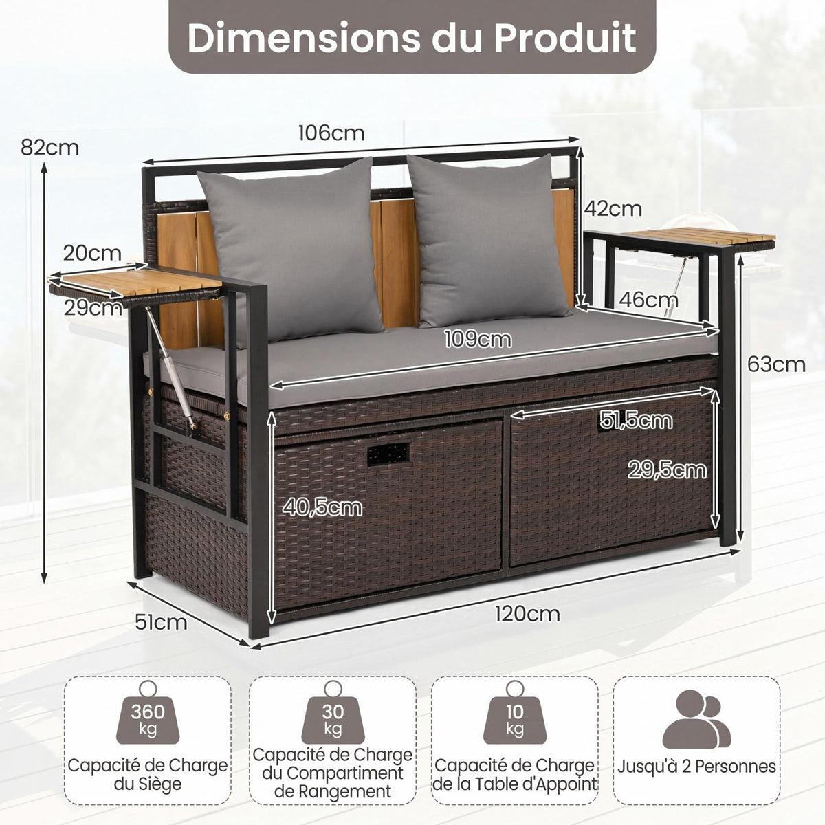 Outdoor Storage Bench, 2-Seater, 142.5L, PE Rattan, Grey