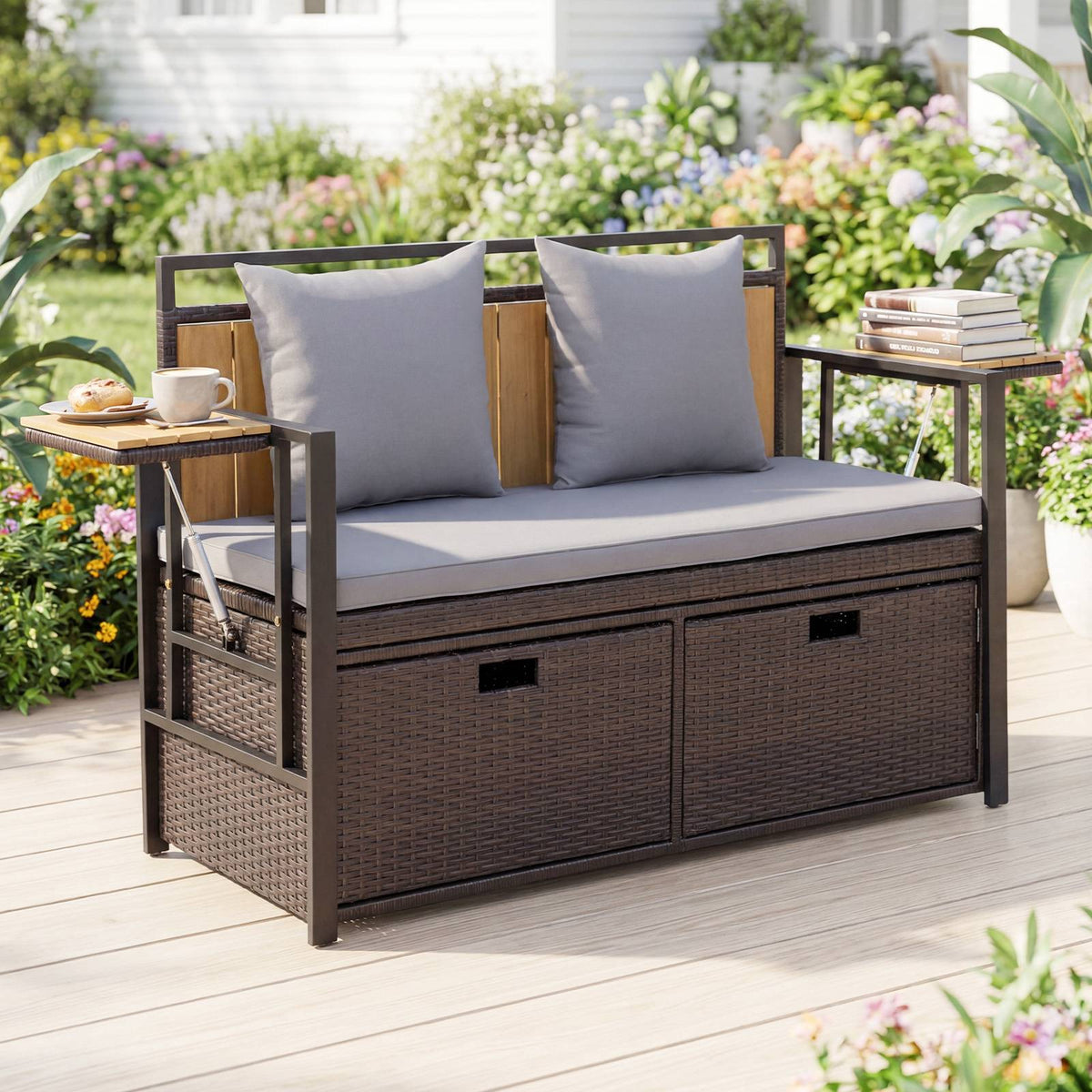 Outdoor Storage Bench, 2-Seater, 142.5L, PE Rattan, Grey
