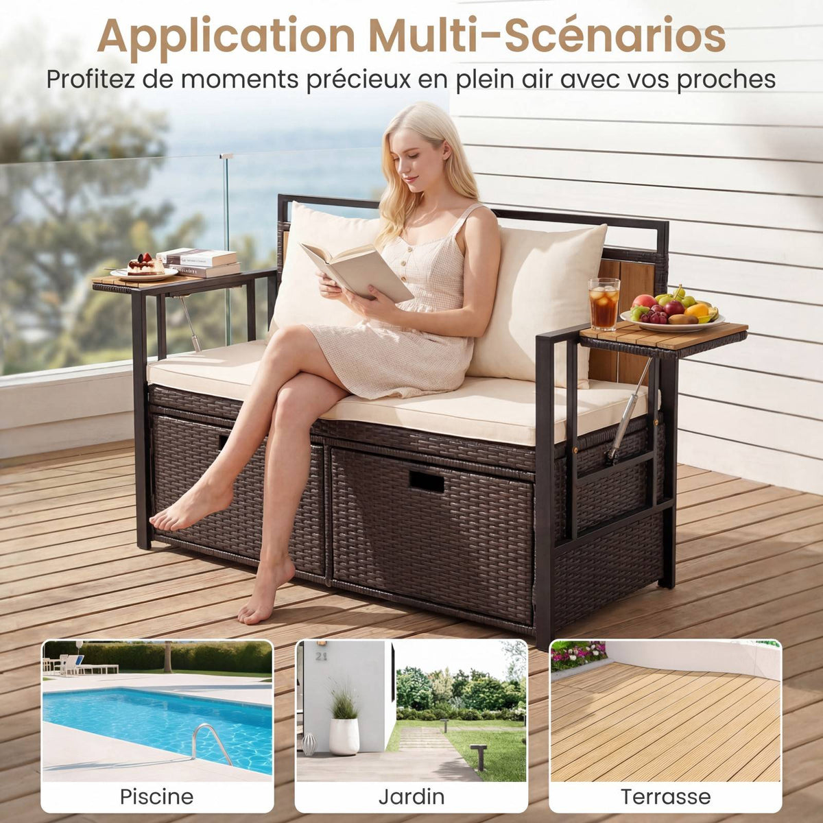 Outdoor Storage Bench, 2-Seater PE Rattan, 142.5L