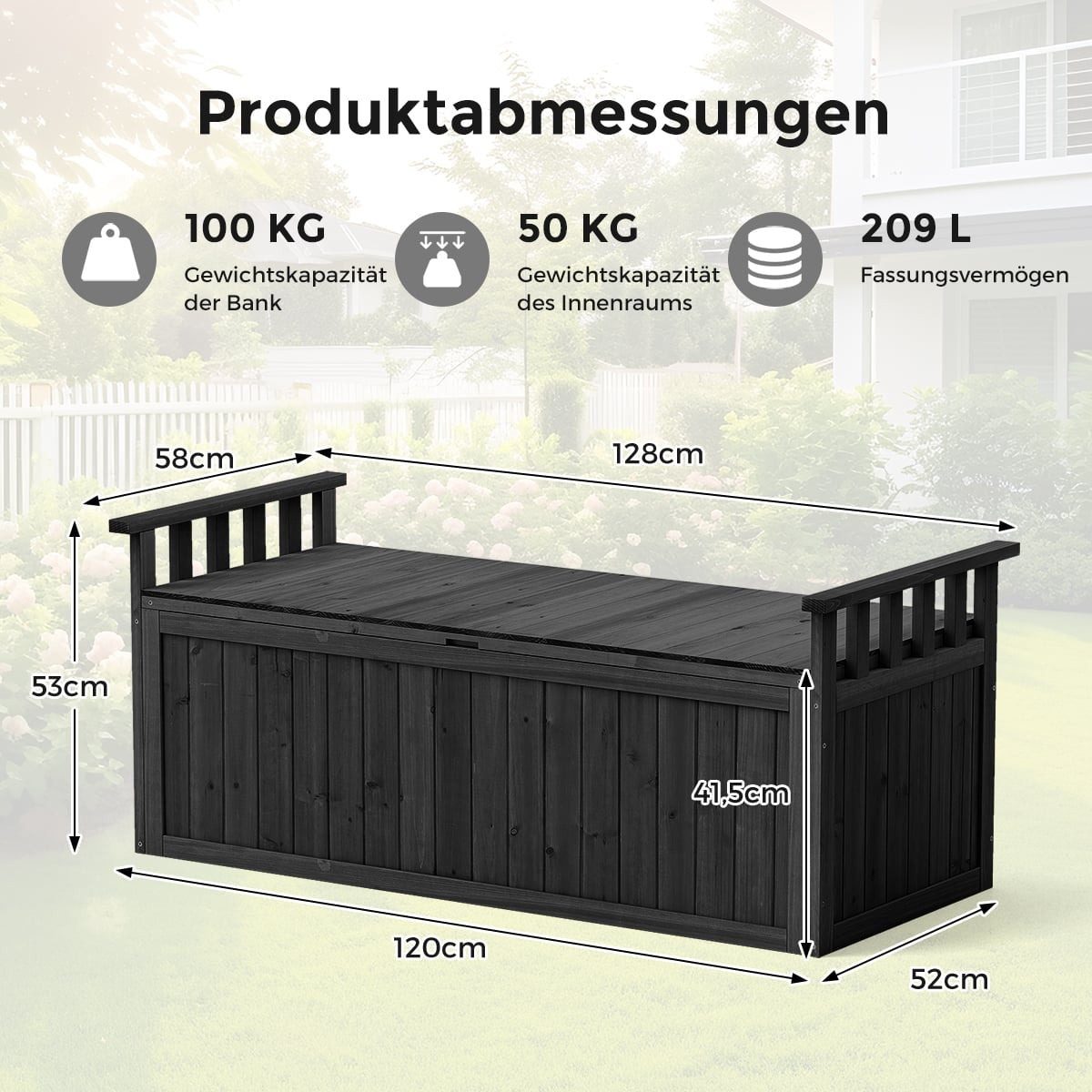Outdoor Storage Bench, 2-Seater with Armrests, Black