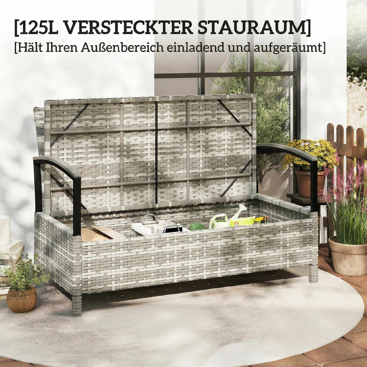 Outdoor Storage Bench, 2-Seater with Cushion, 125L, Dark Grey