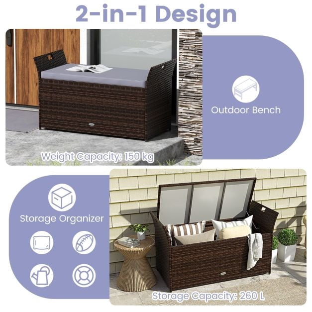 Outdoor Storage Bench, PE Rattan Wicker, 260L