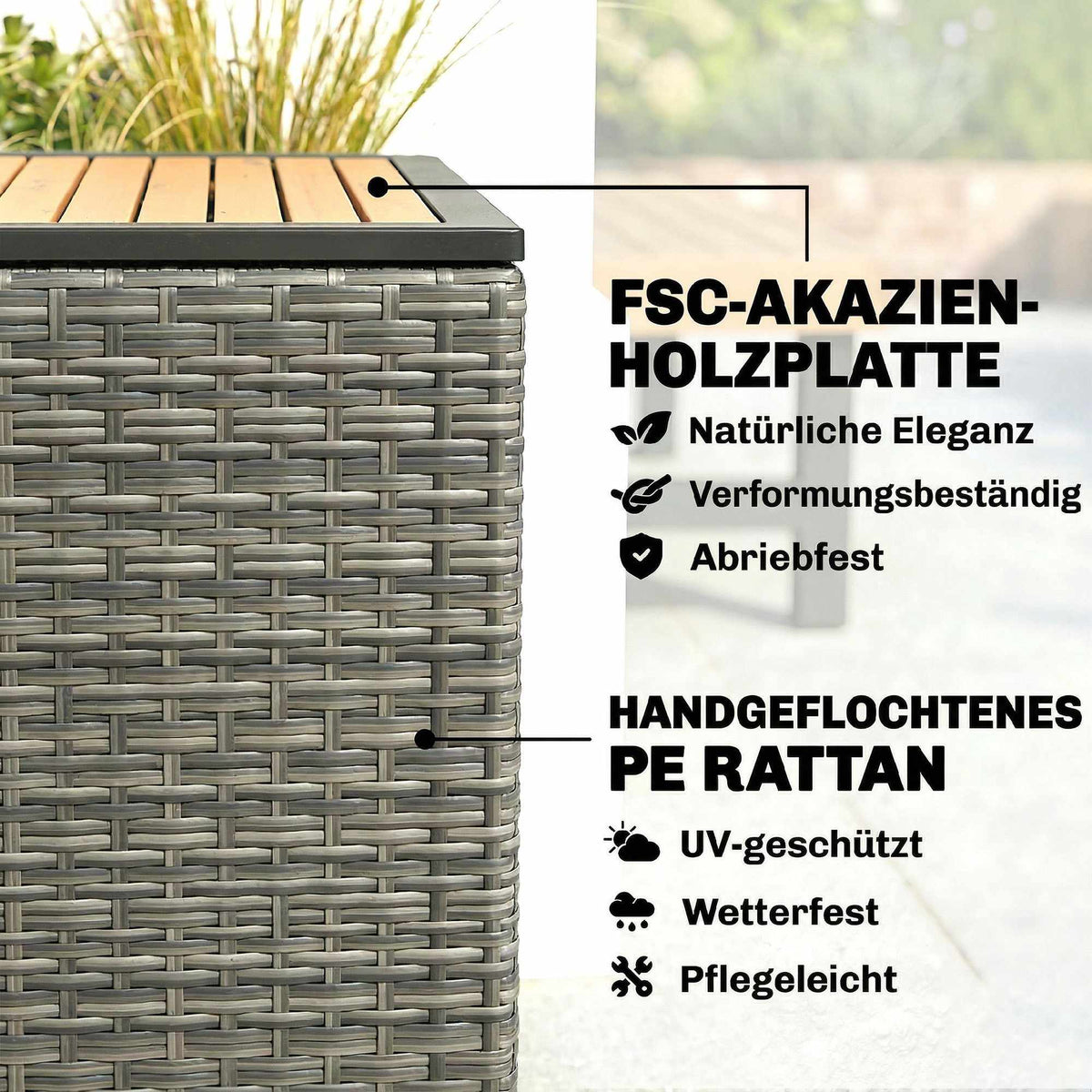 Outdoor Storage Box 450L, Waterproof Rattan, Wood Lid