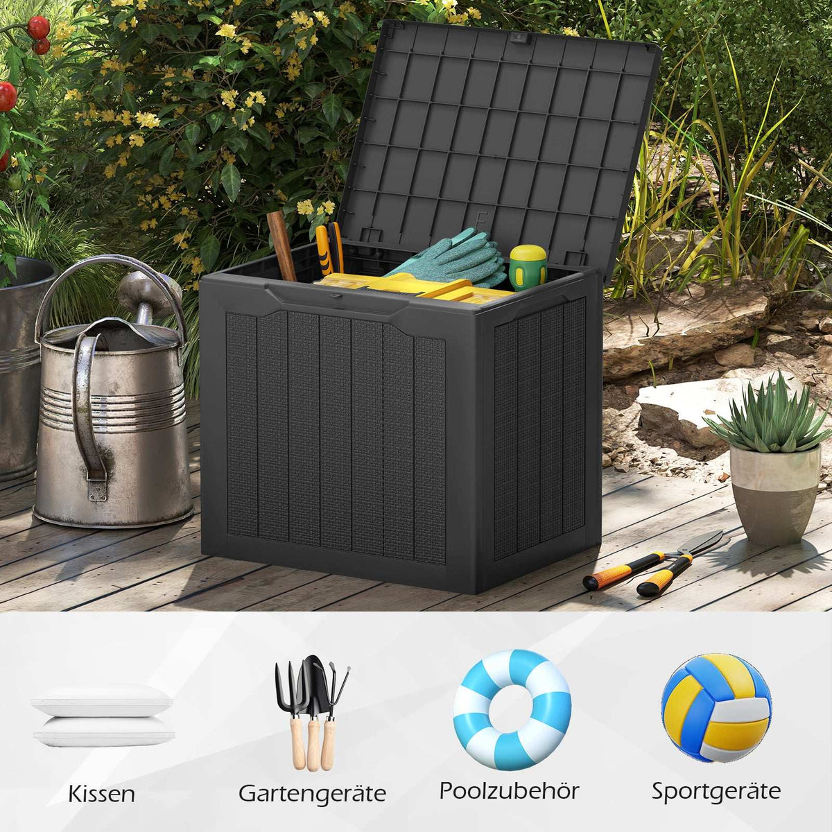 Outdoor Storage Box 96L, Lockable Lid, Rattan Look, Black