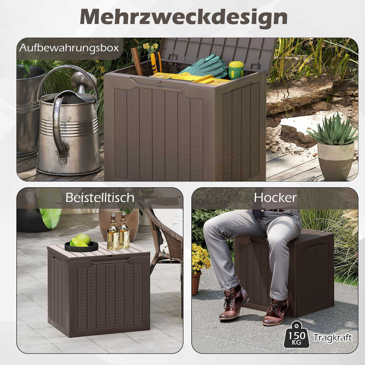 Outdoor Storage Box 96L, Lockable Lid, Rattan Look, Brown