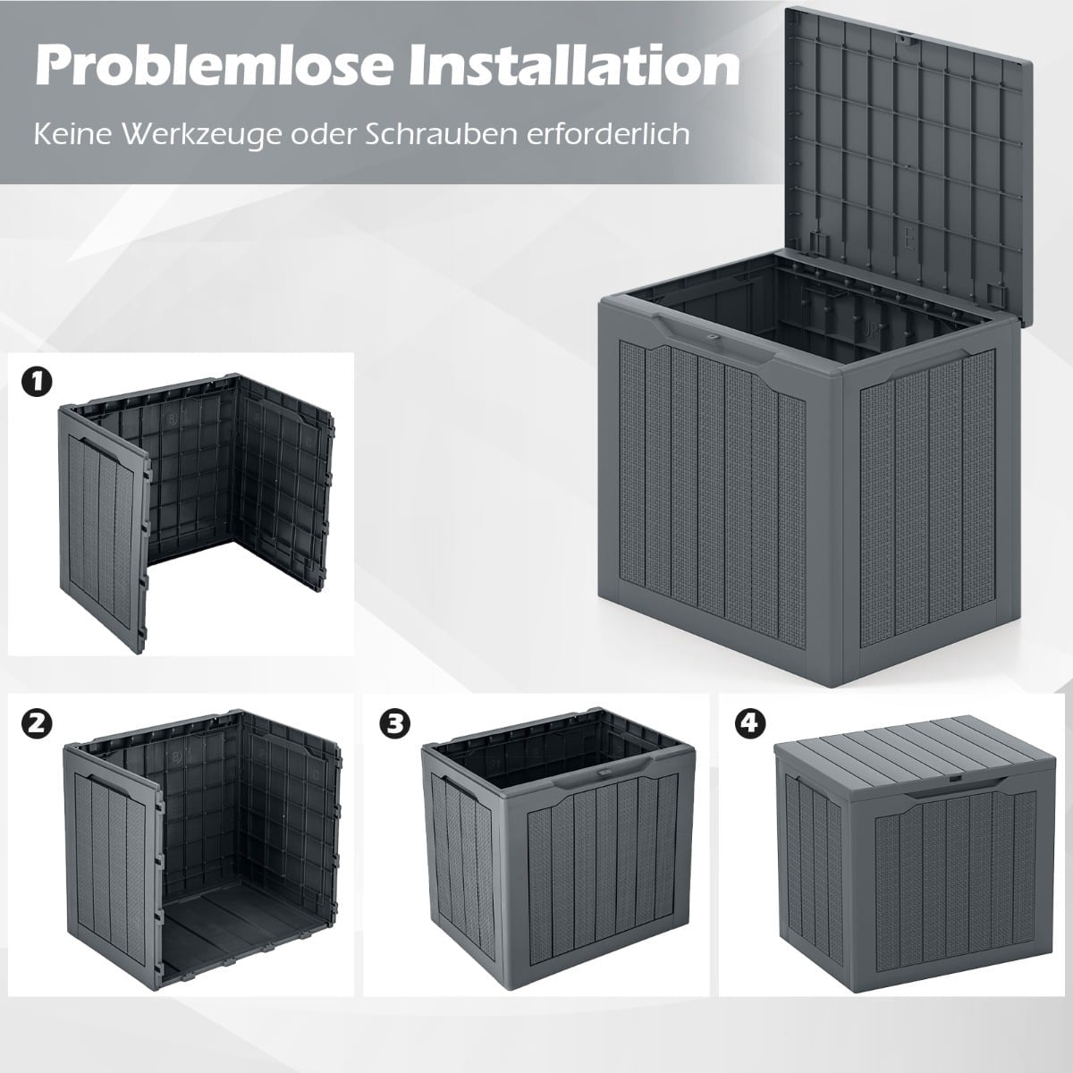 Outdoor Storage Box 96L, Lockable Lid, Rattan Look, Grey