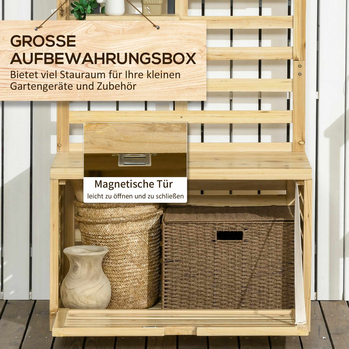 Outdoor Storage Box with Trellis, 4 Shelves, Solid Wood