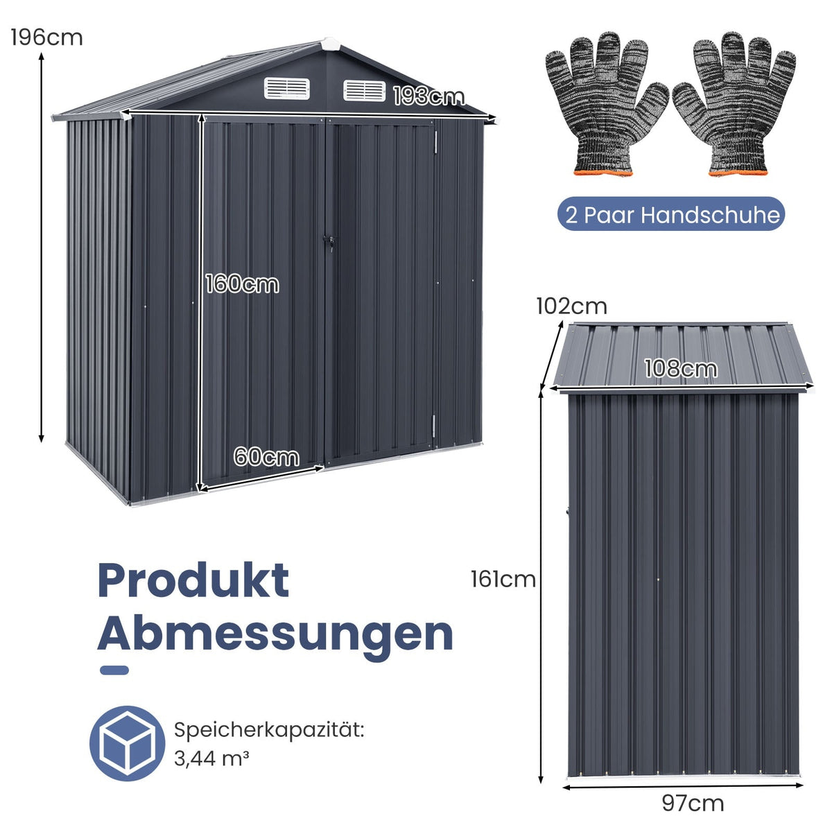 Outdoor Storage Shed, Galvanized Metal, 3.44 m³ Capacity