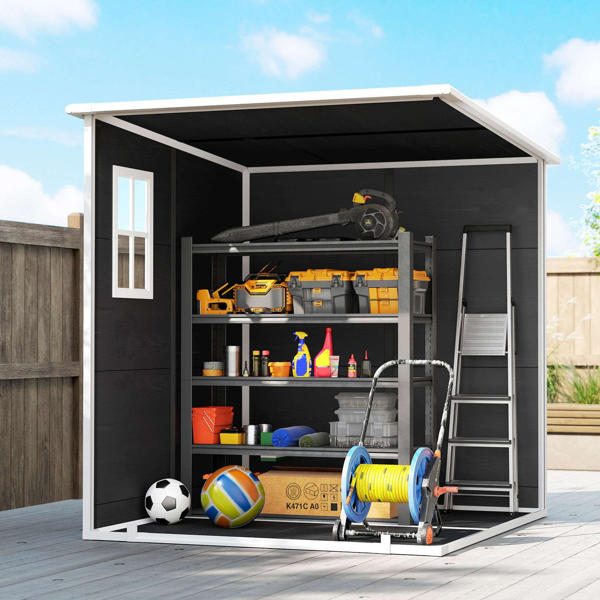 Outdoor Storage Shed, Wood-Look, 3 Windows, Double Doors, 182x182 cm