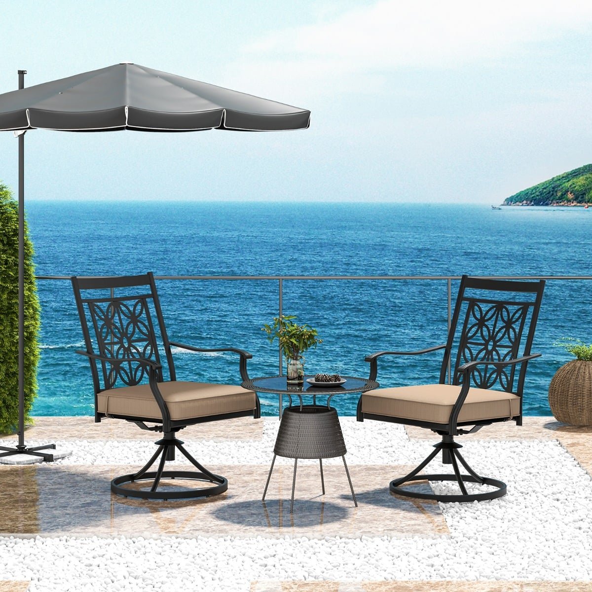 Outdoor Swivel Chairs Set of 2, Weatherproof, Floral Back
