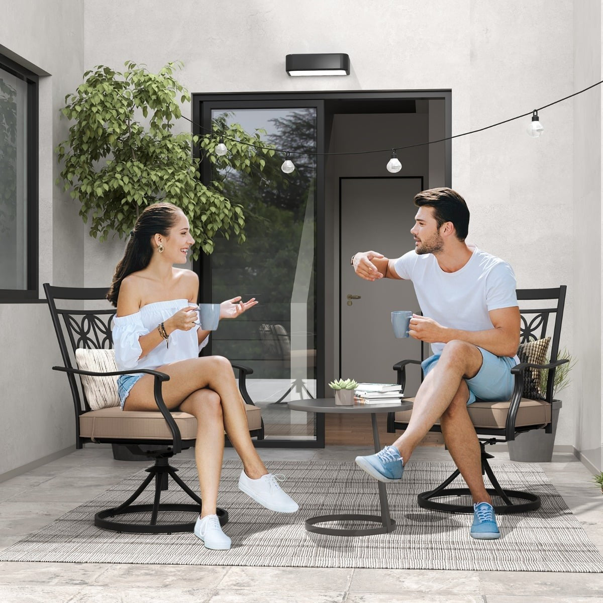 Outdoor Swivel Chairs Set of 2, Weatherproof, Floral Back