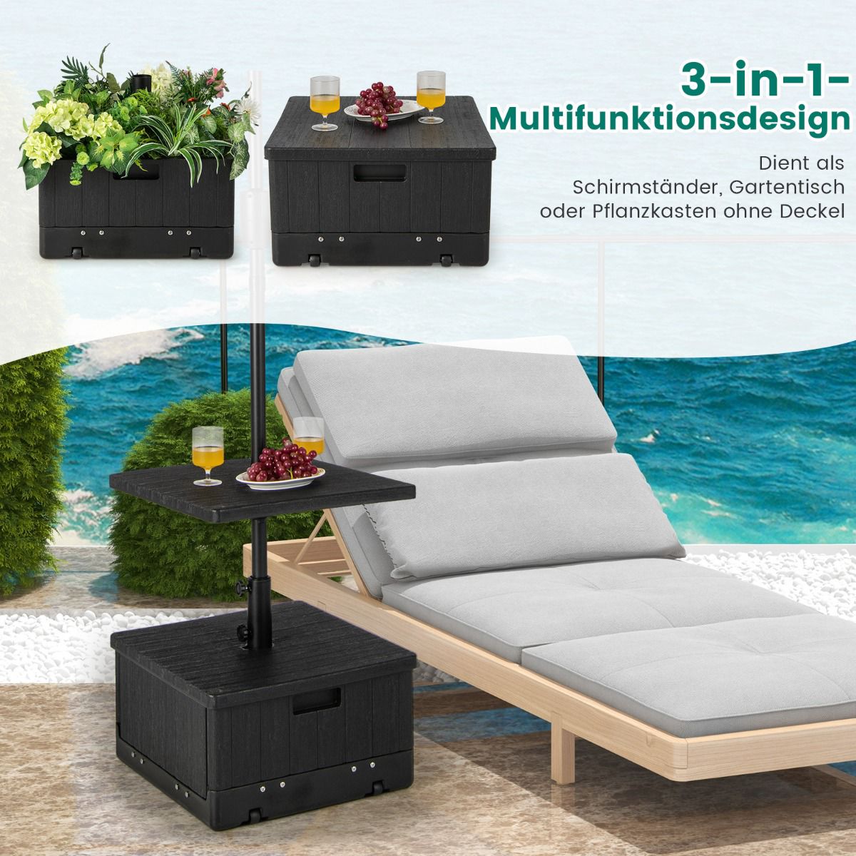 Outdoor Umbrella Stand with Table & Wheels, HDPE, Black