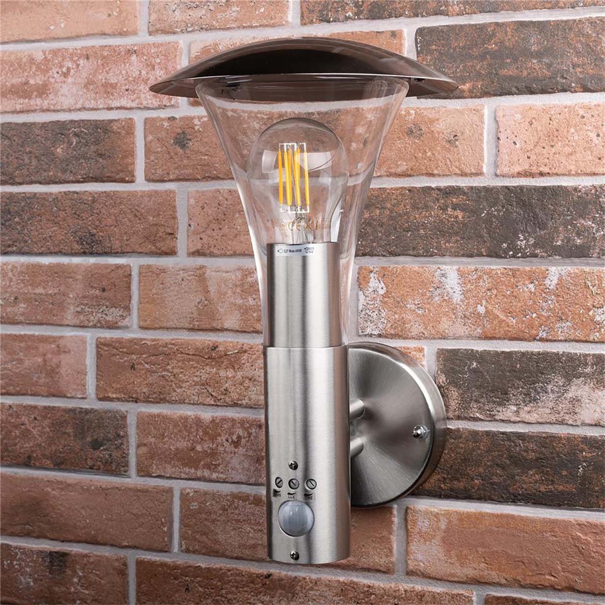 Outdoor Wall Lamp 60 W With Motion Sensor Brushed Steel