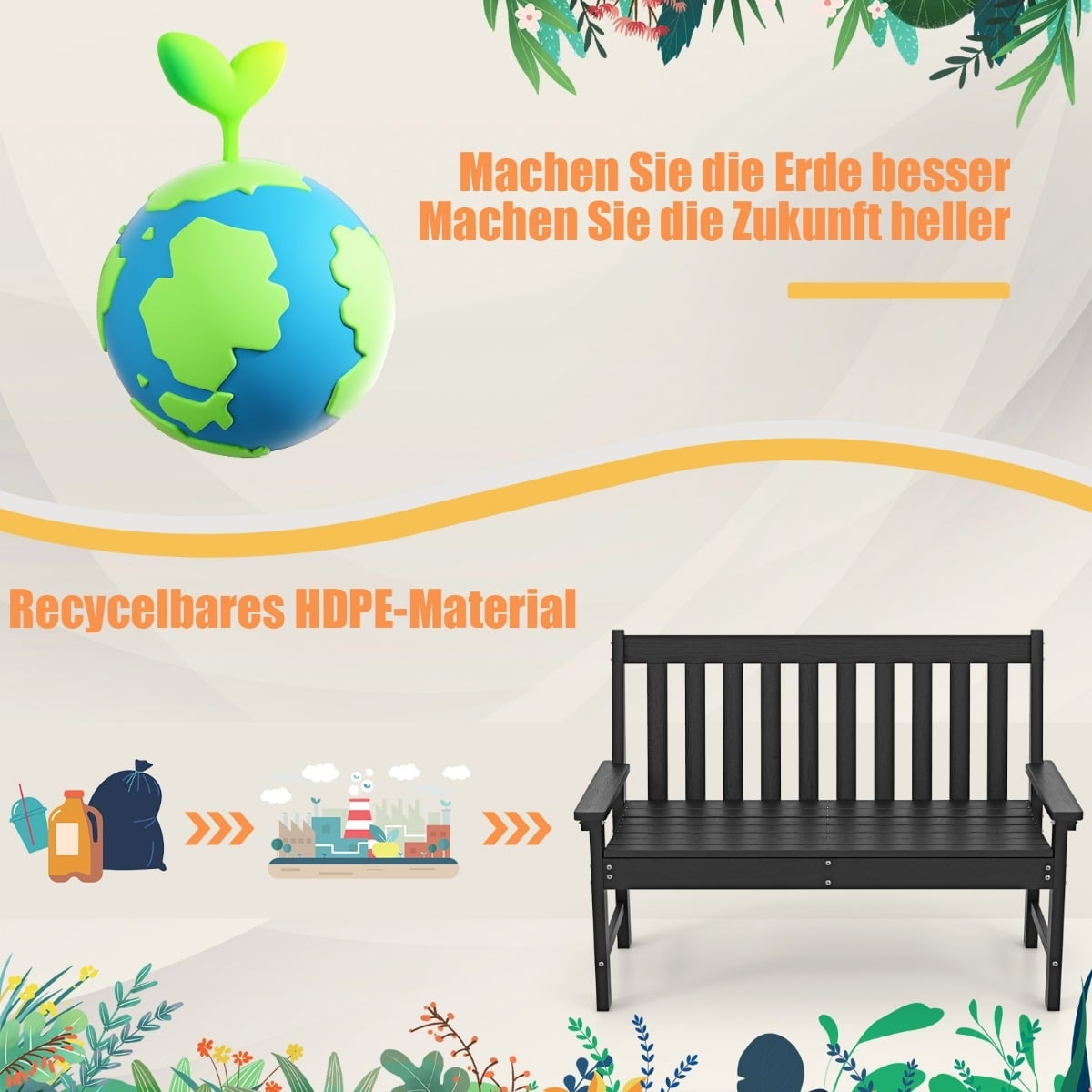 Outdoor Weatherproof HDPE Garden Bench for 2-3 Seats