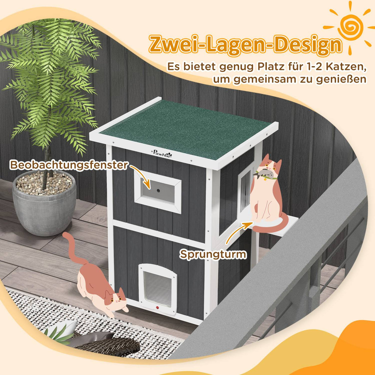 Outdoor Wooden Cat House 2-Tier With Balcony, 4 Doors, For 1-2 Cats Up To 5Kg, Grey