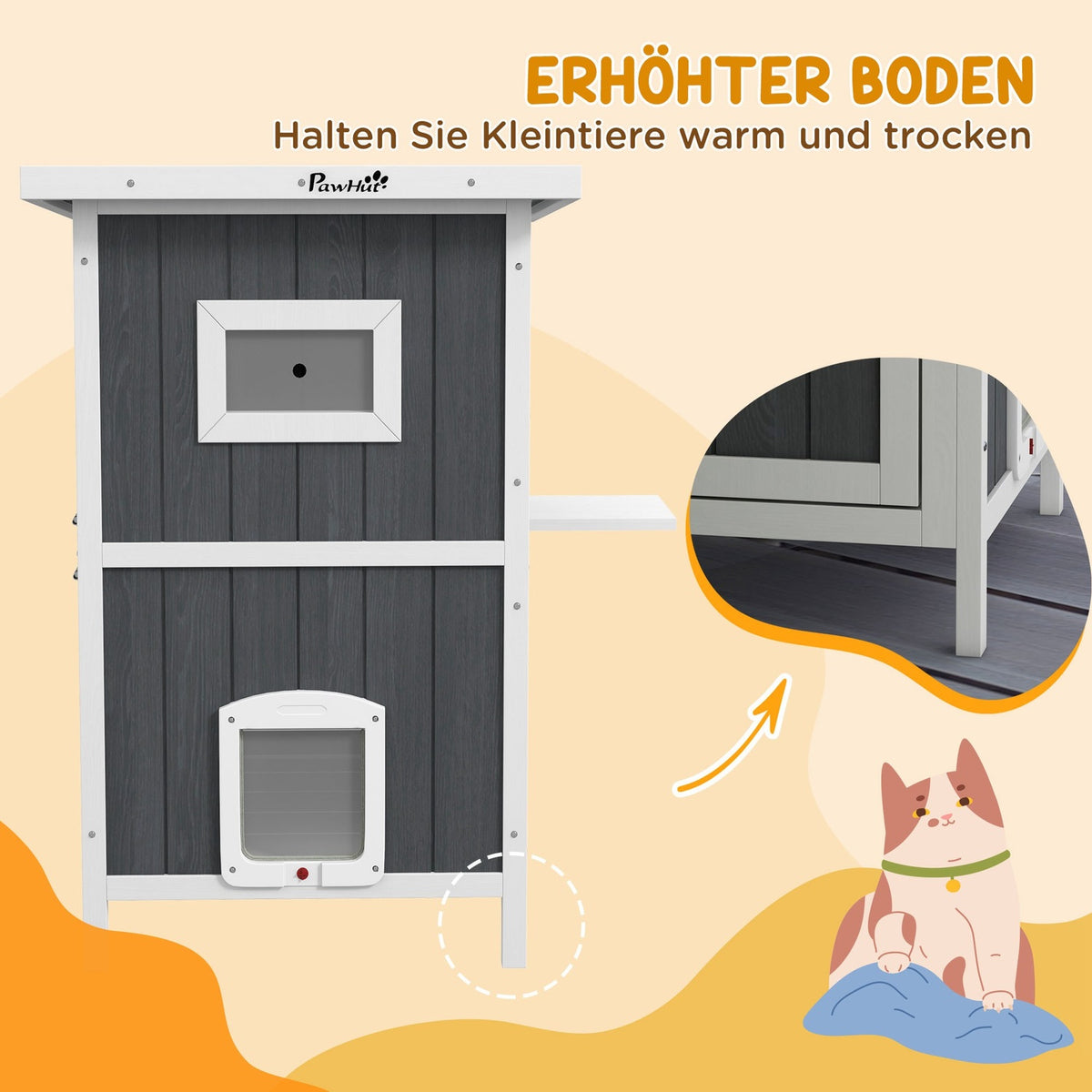 Outdoor Wooden Cat House 2-Tier With Balcony, 4 Doors, For 1-2 Cats Up To 5Kg, Grey