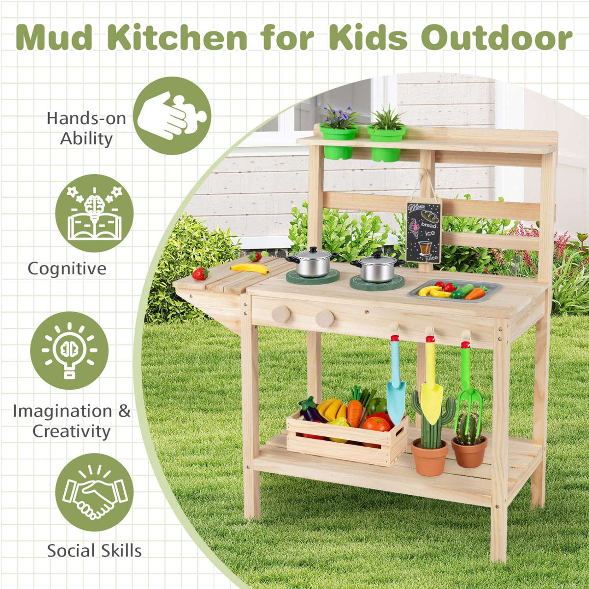 Outdoor Wooden Mud Kitchen Playset – Sink, Stove, Chalkboard