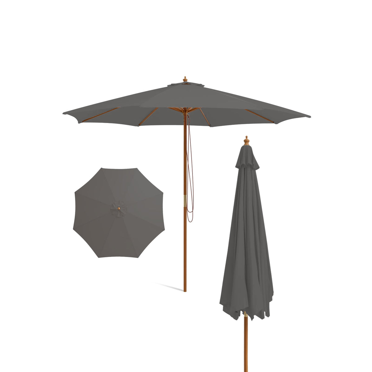 Outdoor Wooden Patio Umbrella, 300 cm, Adjustable Height