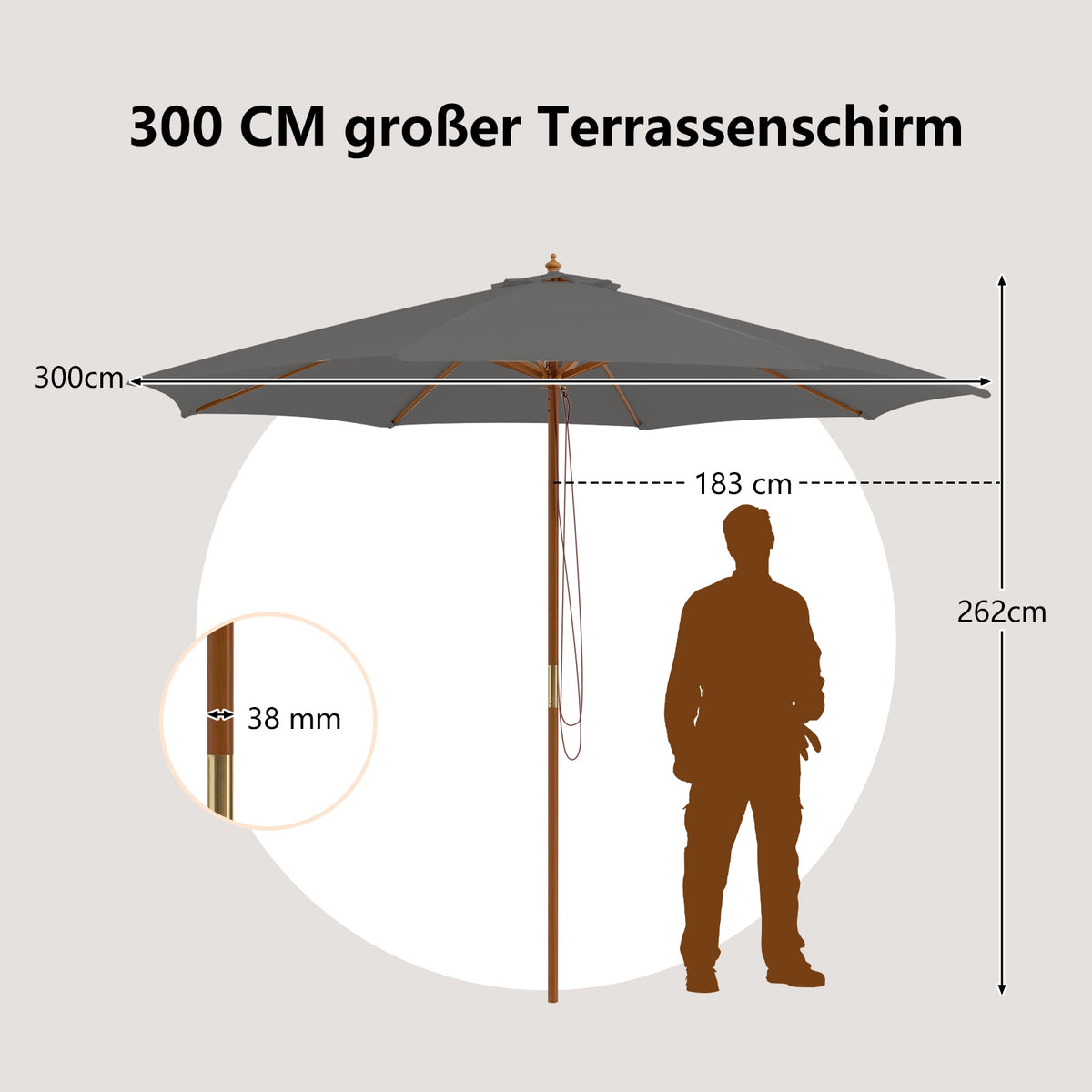 Outdoor Wooden Patio Umbrella, 300 cm, Adjustable Height