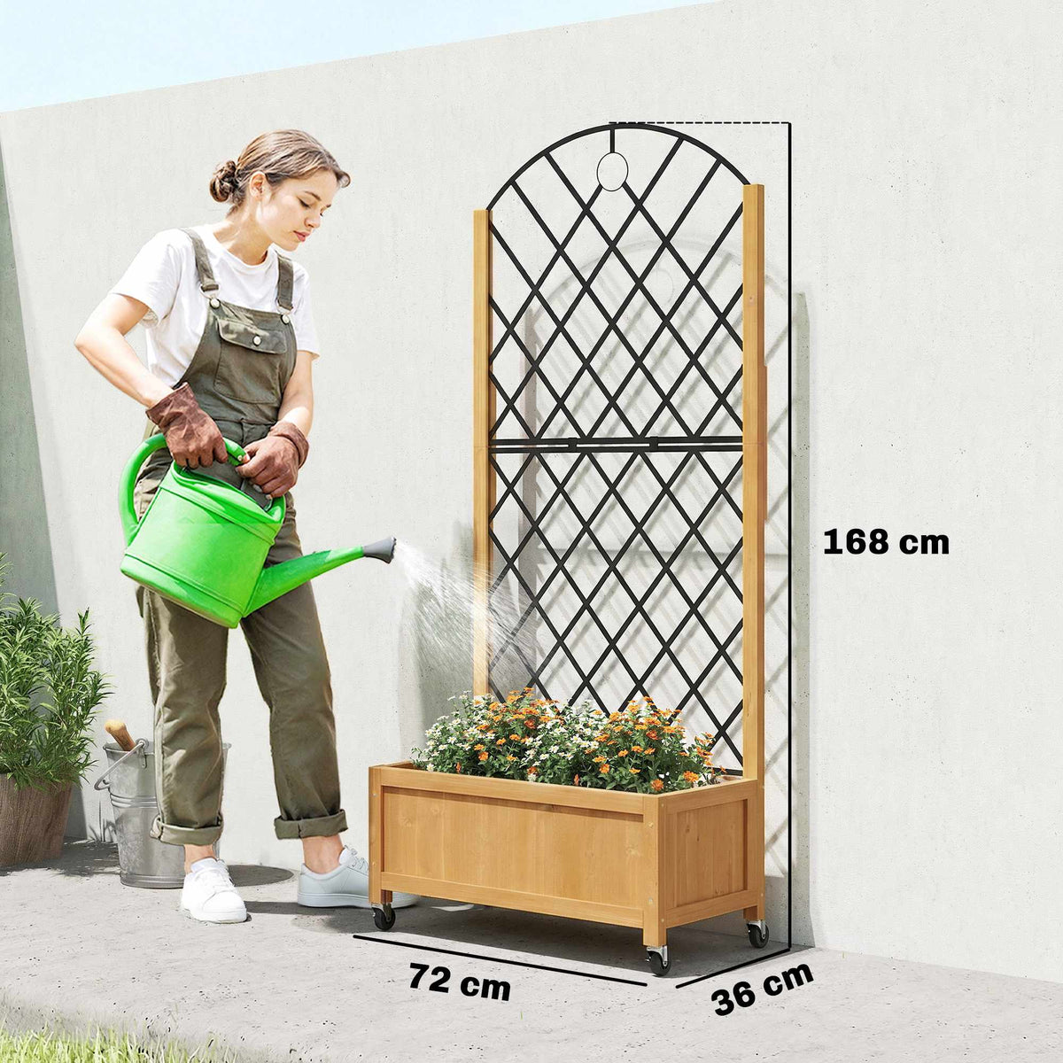 Outdoor Wooden Planter Box with Wheels and Trellis