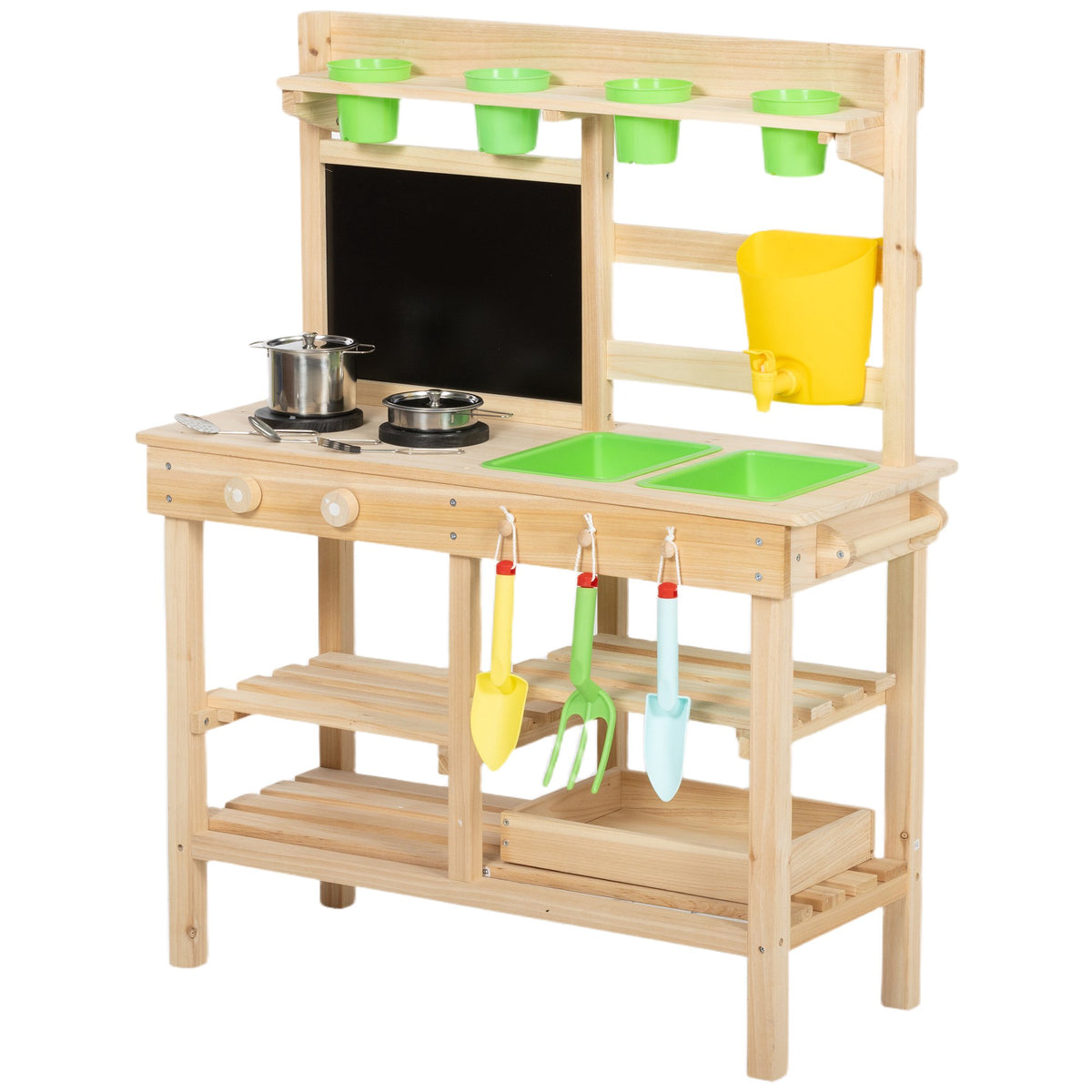 Outdoor Wooden Play Kitchen for Kids with Sink and Pots