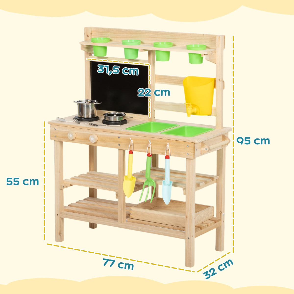 Outdoor Wooden Play Kitchen for Kids with Sink and Pots