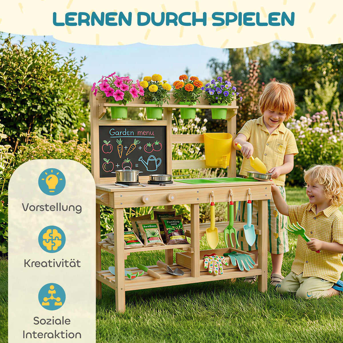Outdoor Wooden Play Kitchen for Kids with Sink and Pots