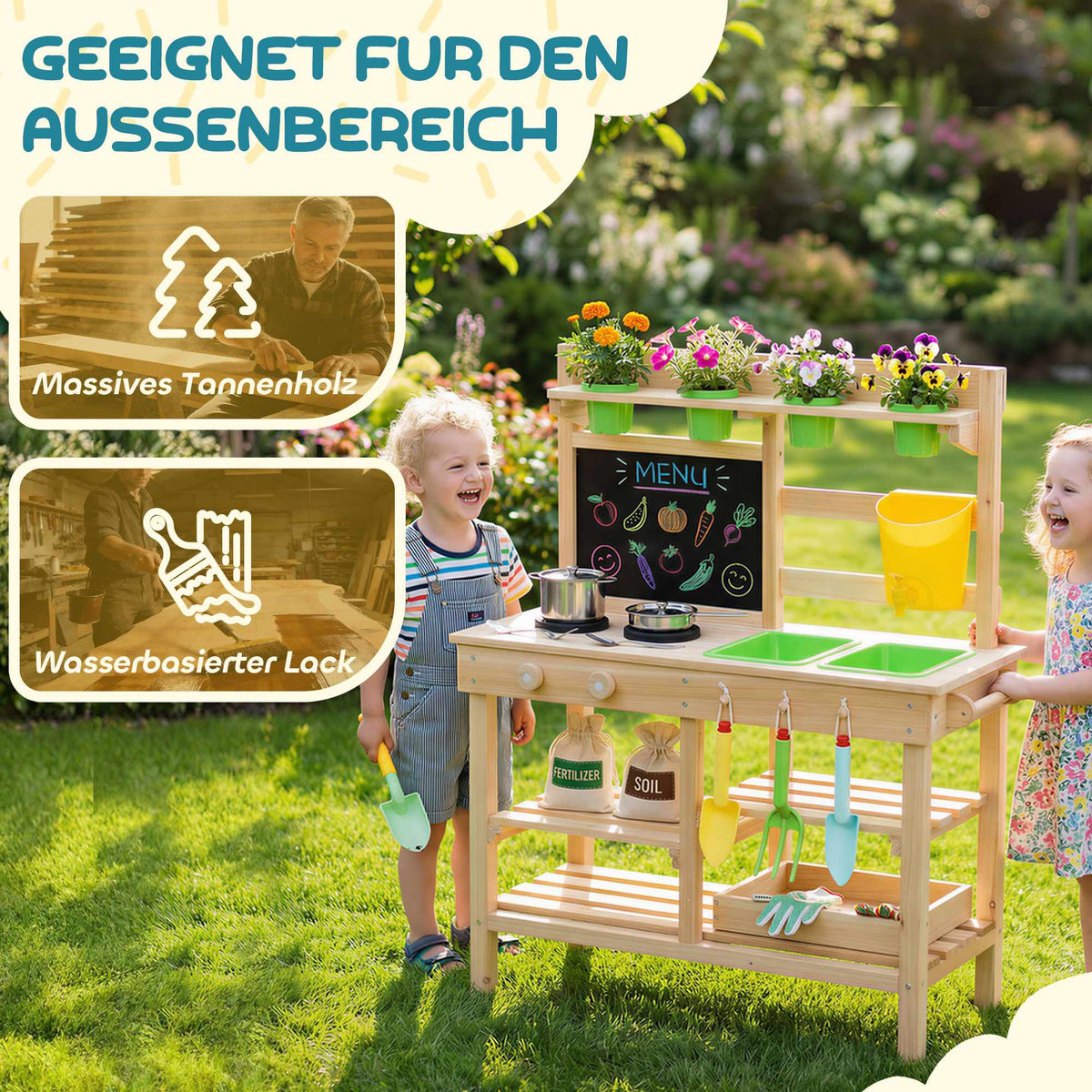 Outdoor Wooden Play Kitchen for Kids with Sink and Pots