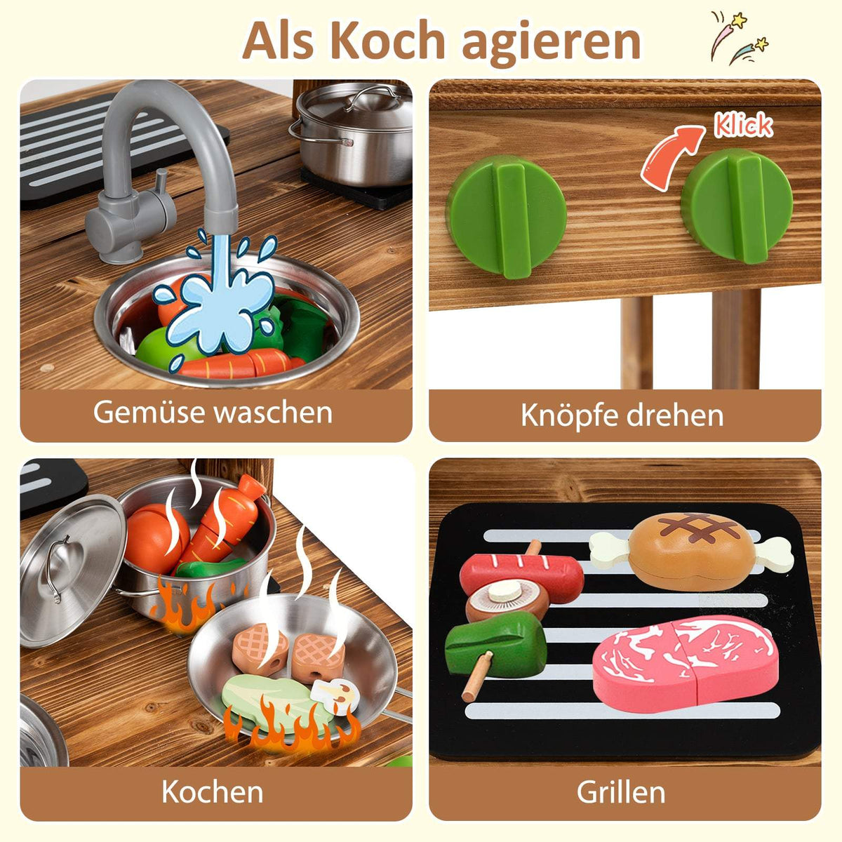 Outdoor Wooden Play Kitchen with Sink & Blackboard