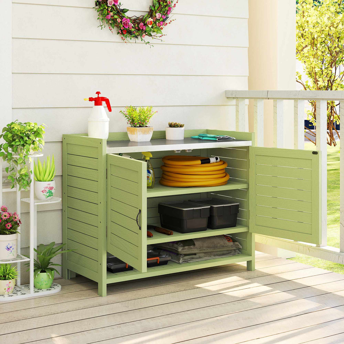 Outdoor Wooden Potting Bench with Storage, Green, 88x40x70.5 cm